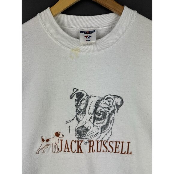 Vintage 90s Jack Russell Dog Animal Pet Art White Crewneck Large - Picture 3 of 16